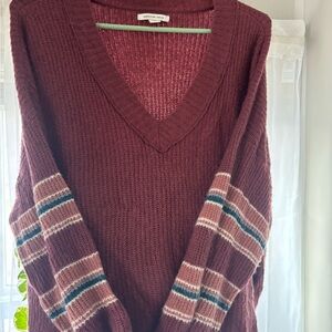 American Eagle Outfitters Women's Maroon and Pink V-Neck Sweater